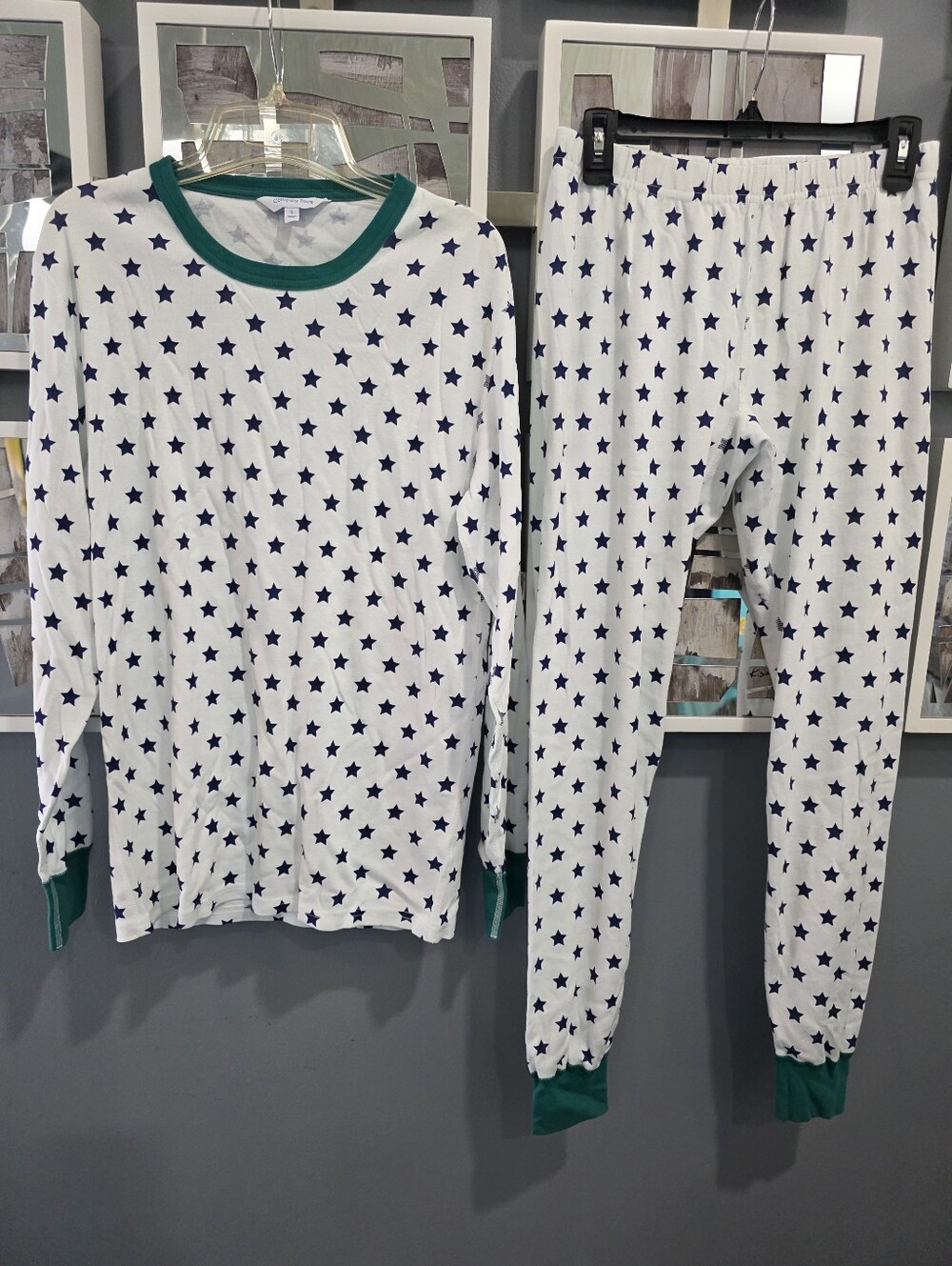 Womens Star-Print Pajama Set - White with Navy Stars and Green Trim